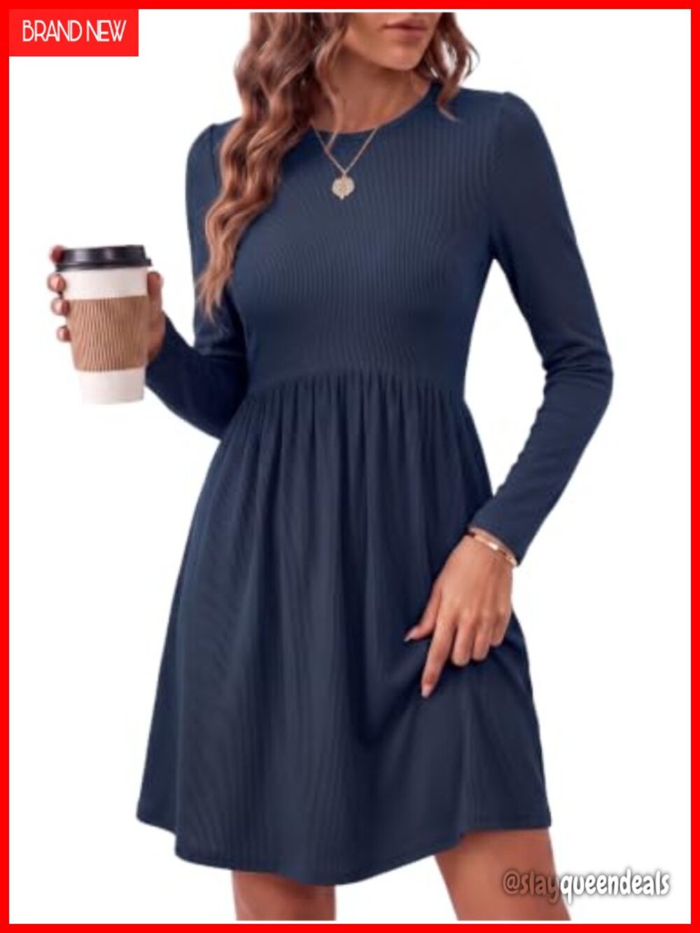 Womens Long Sleeve Mini Dress Ribbed Knit A-Line Sweater Dress with Pockets
